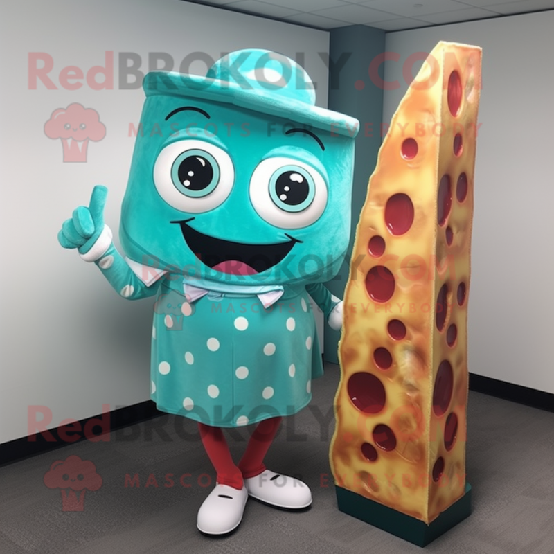 Turquoise pizza slice mascot costume character dressed with Pencil Skirt and Shoe laces