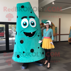 Turquoise pizza slice mascot costume character dressed with Pencil Skirt and Shoe laces