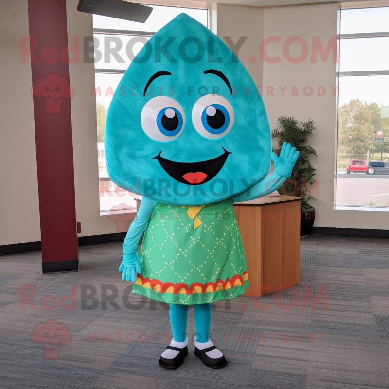 Turquoise pizza slice mascot costume character dressed with Pencil Skirt and Shoe laces