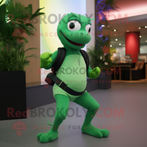 Green Lizard mascot costume character dressed with Yoga Pants and Smartwatches