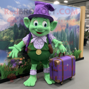 Lavender Leprechaun mascot costume character dressed with One-Piece Swimsuit and Briefcases