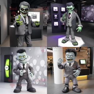 Gray Frankenstein mascot costume character dressed with Blazer and Smartwatches