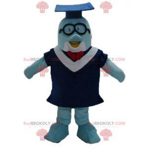 Blue dolphin mascot with a gown and a student cap -