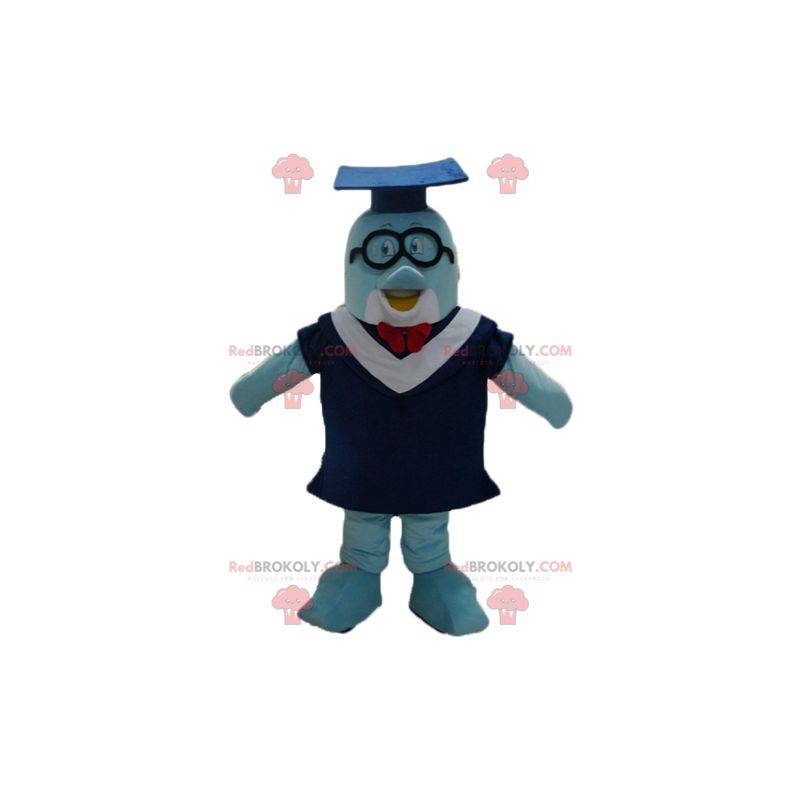 Blue dolphin mascot with a gown and a student cap -