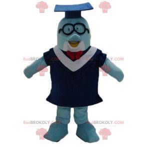 Blue dolphin mascot with a gown and a student cap -