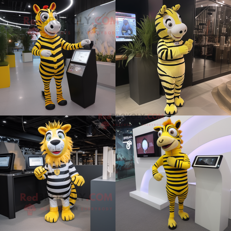 Yellow Zebra mascot costume character dressed with Mini Dress and Digital watches Yellow Zebra mascot costume character dressed with Mini Dress and Digital watches