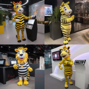 Yellow Zebra mascot costume character dressed with Mini Dress and Digital watches