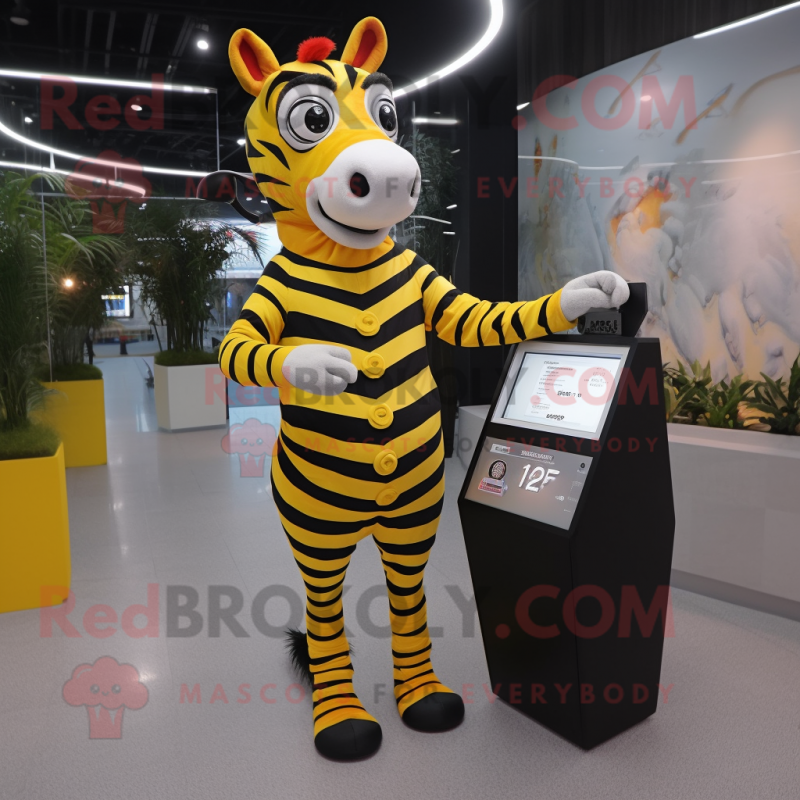 Yellow Zebra mascot costume character dressed with Mini Dress and Digital watches Yellow Zebra mascot costume character dressed with Mini Dress and Digital watches
