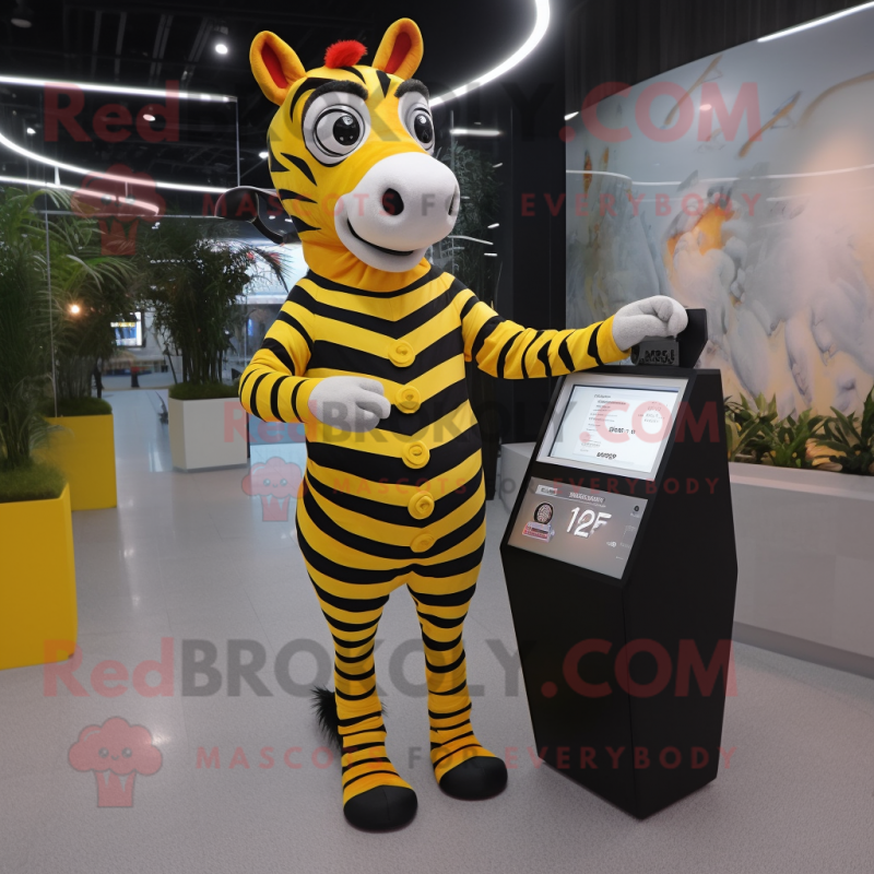 Yellow Zebra mascot costume character dressed with Mini Dress and Digital watches