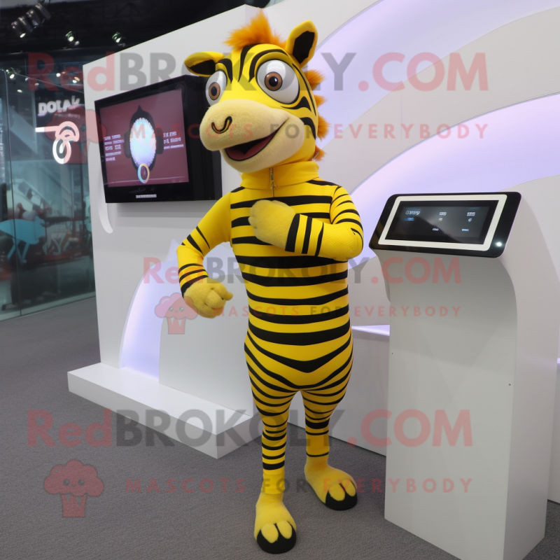 Yellow Zebra mascot costume character dressed with Mini Dress and Digital watches Yellow Zebra mascot costume character dressed with Mini Dress and Digital watches