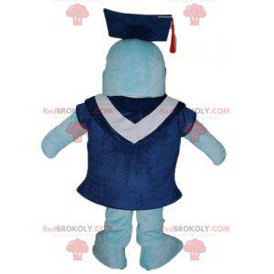 Blue dolphin mascot with a gown and a student cap -