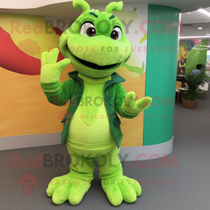 Lime Green Dragon mascot costume character dressed with Corduroy Pants and Watches
