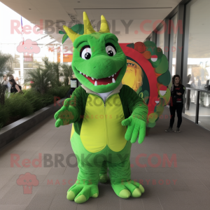 Lime Green Dragon mascot costume character dressed with Corduroy Pants and Watches