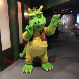 Lime Green Dragon mascot costume character dressed with Corduroy Pants and Watches