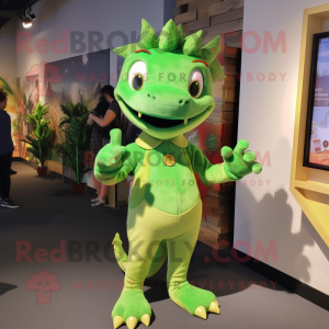 Lime Green Dragon mascot costume character dressed with Corduroy Pants and Watches