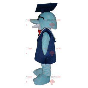 Mascote golfinho azul com um vestido e um boné de estudante -