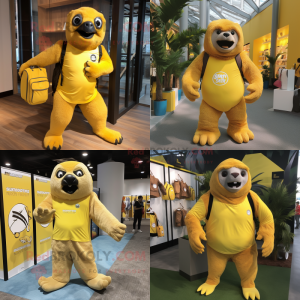 Yellow giant sloth mascot costume character dressed with Running Shorts and Tote bags