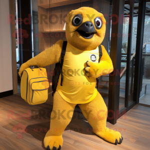 Yellow giant sloth mascot costume character dressed with Running Shorts and Tote bags