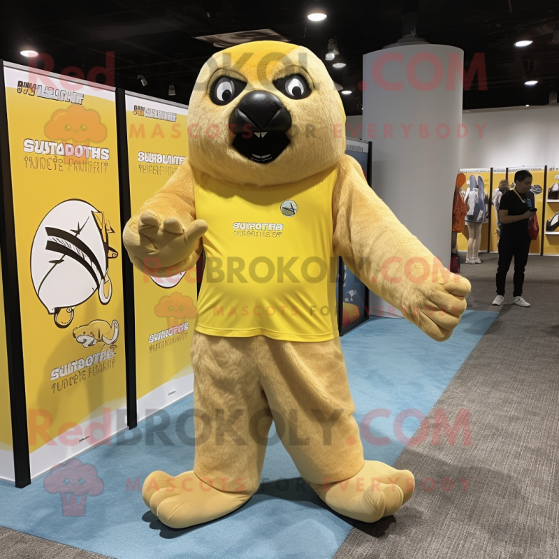 Yellow giant sloth mascot costume character dressed with Running Shorts and Tote bags