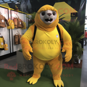 Yellow giant sloth mascot costume character dressed with Running Shorts and Tote bags