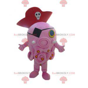 Mascote gigante de polvo rosa com chapéu de pirata -