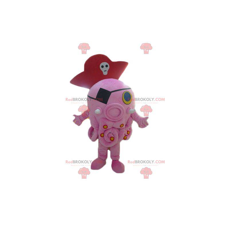 Giant pink octopus mascot with a pirate hat - Redbrokoly.com