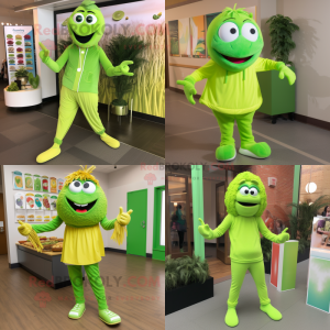 Lime Green Jambalaya mascot costume character dressed with Yoga Pants and Shoe laces