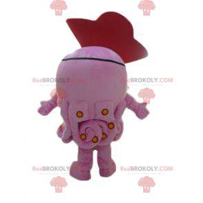 Giant pink octopus mascot with a pirate hat - Redbrokoly.com