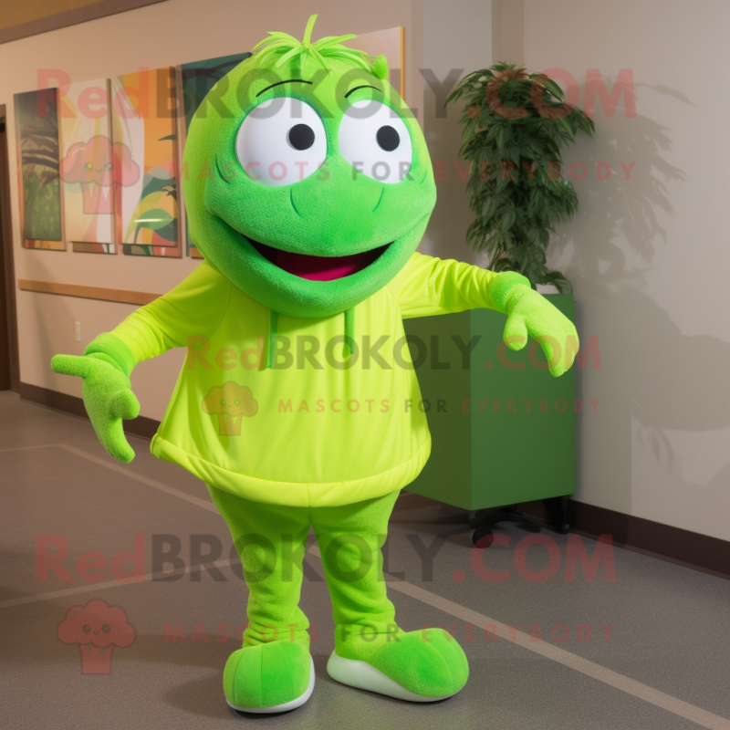 Lime Green Jambalaya mascot costume character dressed with Yoga Pants and Shoe laces