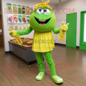 Lime Green Jambalaya mascot costume character dressed with Yoga Pants and Shoe laces