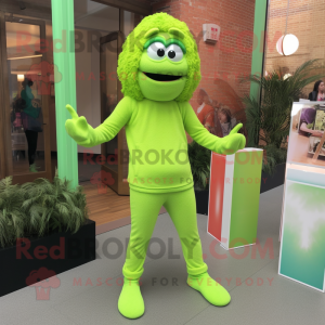 Lime Green Jambalaya mascot costume character dressed with Yoga Pants and Shoe laces