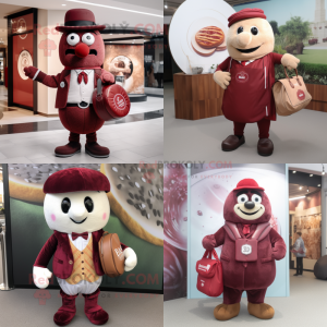 Maroon Bagels mascot costume character dressed with Waistcoat and Handbags