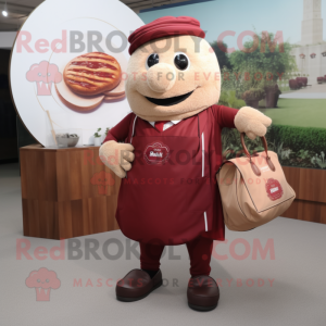 Maroon Bagels mascot costume character dressed with Waistcoat and Handbags