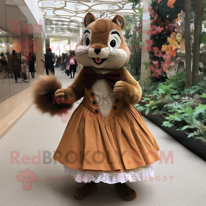 Brown Squirrel mascot costume character dressed with Pleated Skirt and Shoe clips Brown Squirrel mascot costume character dressed with Pleated Skirt and Shoe clips