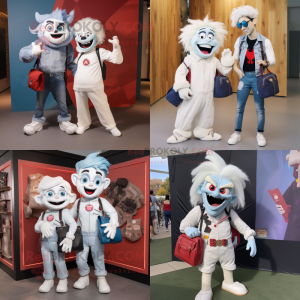 White Vampire mascot costume character dressed with Boyfriend Jeans and Messenger bags