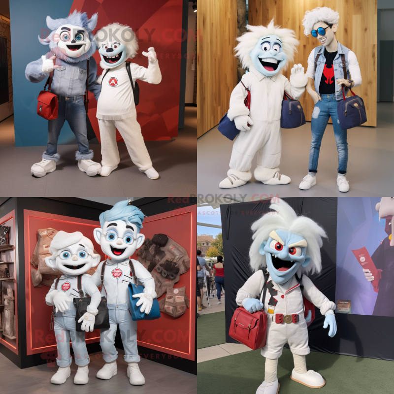 White Vampire mascot costume character dressed with Boyfriend Jeans and Messenger bags