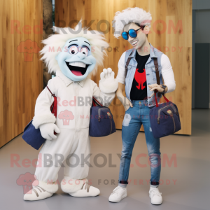 White Vampire mascot costume character dressed with Boyfriend Jeans and Messenger bags