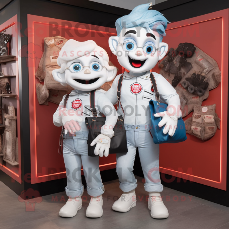 White Vampire mascot costume character dressed with Boyfriend Jeans and Messenger bags White Vampire mascot costume character dressed with Boyfriend Jeans and Messenger bags