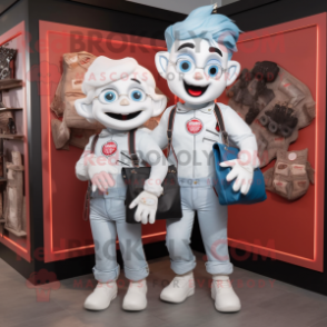 White Vampire mascot costume character dressed with Boyfriend Jeans and Messenger bags