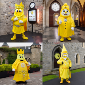 Lemon Yellow irish castle mascot costume character dressed with Coat and Digital watches