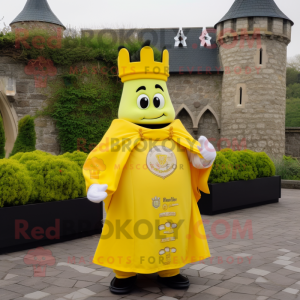 Lemon Yellow irish castle mascot costume character dressed with Coat and Digital watches