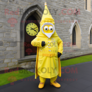 Lemon Yellow irish castle mascot costume character dressed with Coat and Digital watches