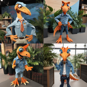 Orange Pterodactyl mascot costume character dressed with Denim Shirt and Tie pins