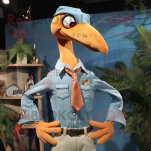 Orange Pterodactyl mascot costume character dressed with Denim Shirt and Tie pins