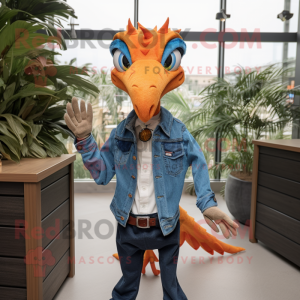 Orange Pterodactyl mascot costume character dressed with Denim Shirt and Tie pins