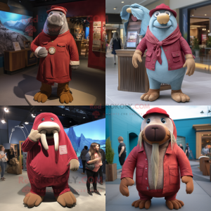 Maroon Walrus mascot costume character dressed with Chambray Shirt and Beanies