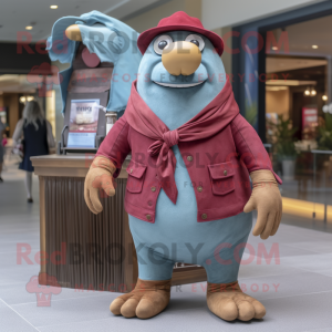 Maroon Walrus mascot costume character dressed with Chambray Shirt and Beanies