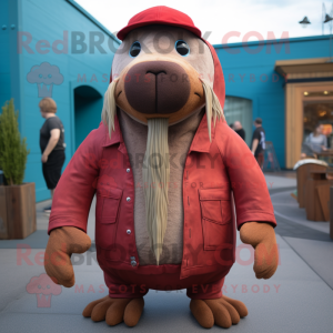 Maroon Walrus mascot costume character dressed with Chambray Shirt and Beanies