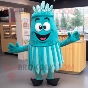 Teal French fries mascot costume character dressed with Pleated Skirt and Mittens