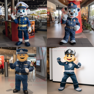 Navy fire fighter mascot costume character dressed with Jeans and Headbands